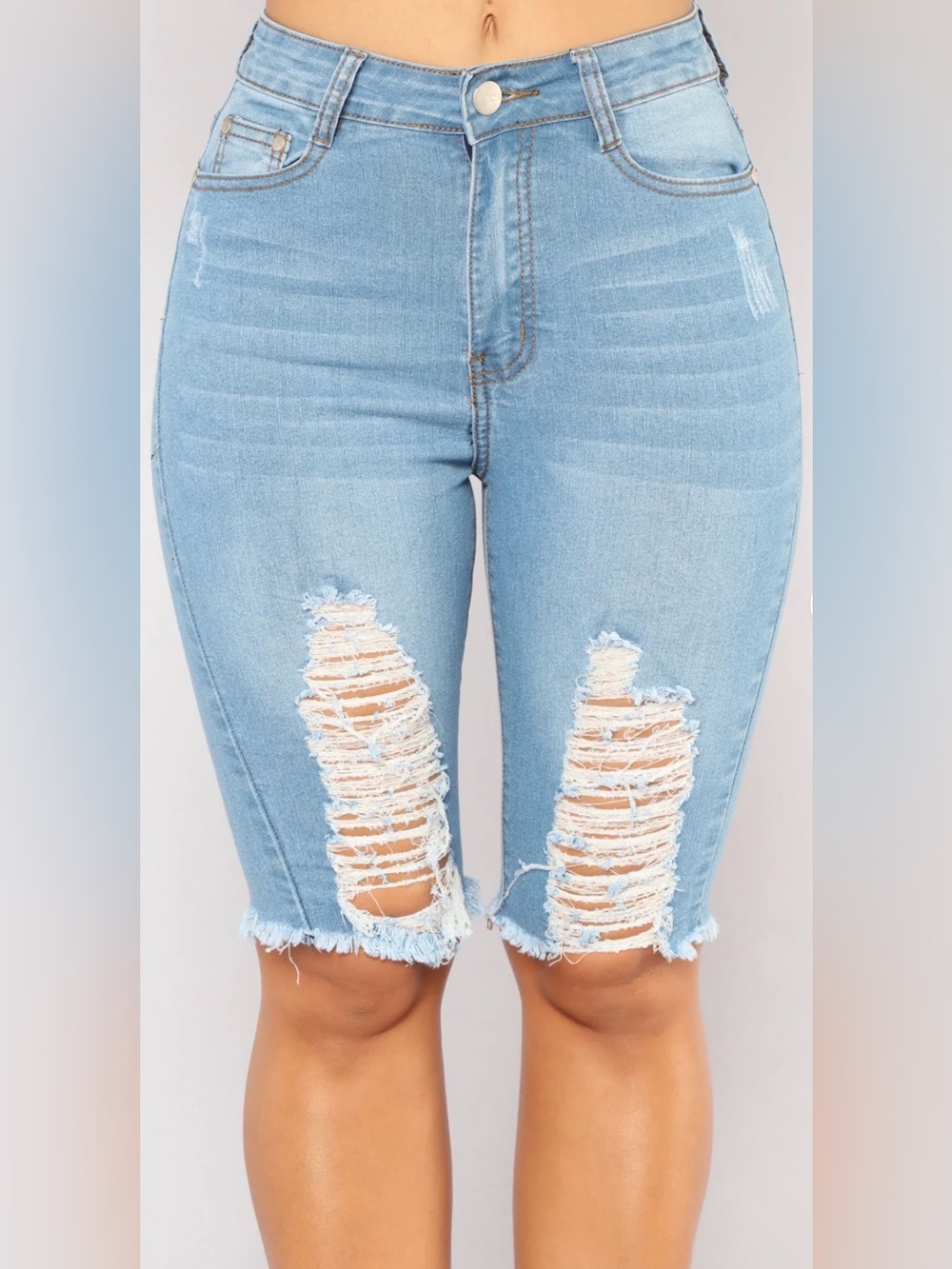 Fashion Nova Light Blue Denim High Rise Bermuda Distressed Shorts